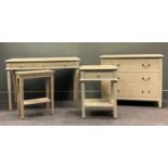 A group of modern grey painted bedroom furniture to include a three drawer side table 75x 111 x