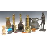 A French metronome, pewter quart jug, brass candlesticks, various ornaments and objects, model