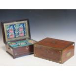 A rosewood and brass bound rectangular box, 14 x 31 x 24cm, and an early Victorian mother of pearl