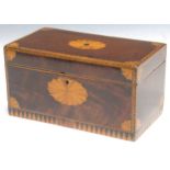 Early 19th century inlaid mahogany tea caddy with boxwood decoration, enclosing two lidded