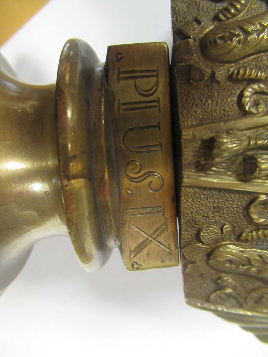 A pair of brass figural candlesticks, a brass bust of Pope Pius IX,20cm high, and a brass inkwell ( - Image 2 of 5