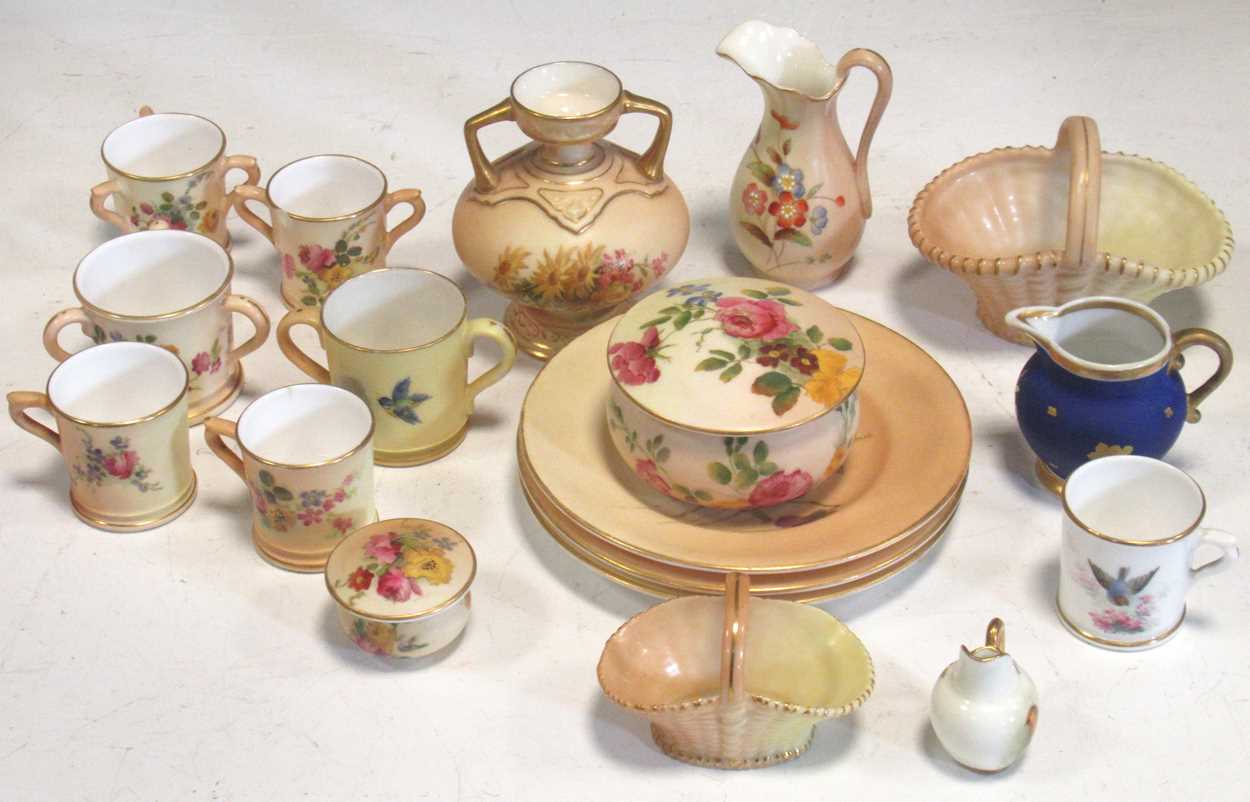 A collection of Worcester miniature vases, tankards, baskets, vases etc.