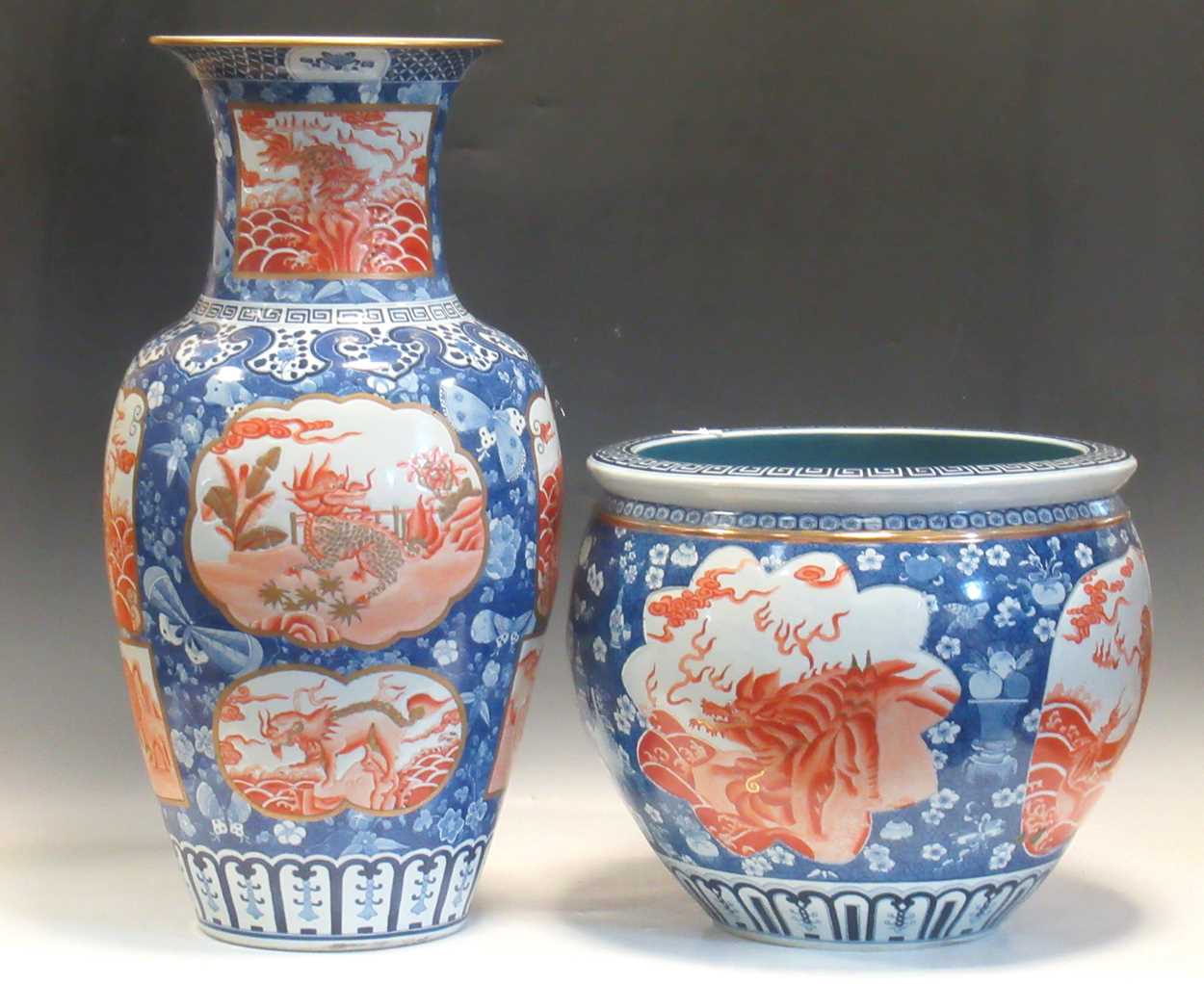 A large modern Chinese vase, 70cm high, and a fish bowl decorated with garden landscapes, 37cm