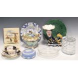 A mixed lot of china including lustre jugs, Herend ashtray, cornucopia vase, small cups and saucers,