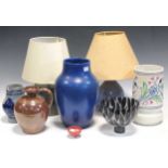 A large Pilkington Lancastrian blue glaze vase, together with two Studio Pottery table lamps, a