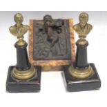 A pair of miniature bronze busts of Nelson and Wellington and a bronze and marble paperweight in the