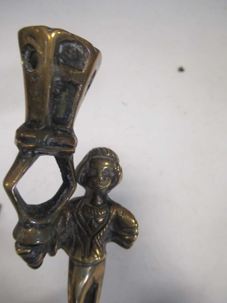 A pair of brass figural candlesticks, a brass bust of Pope Pius IX,20cm high, and a brass inkwell ( - Image 3 of 5