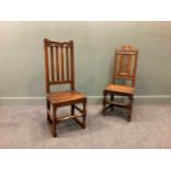 A late 17th century oak high back chair with carved top rail together with another oak chair with