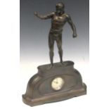 An Art Nouveau spelter clock surmounted by a boxer, 37cm highProvenance:Collection of Barry Lock (