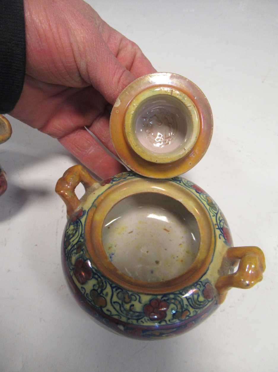 Alfredo Santarelli, a lustrous faience tea for two, including two teacups and saucers, a teapot, a - Image 3 of 6