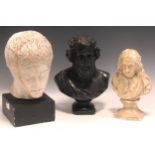 Three busts, two in plaster and one in resin, modelling Homer, John Milton and another, (3)
