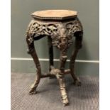 A Chinese marble top and carved wood jardiniere stand, circa 1900 - 1920, 61 x 39 x 39cmSome dirt