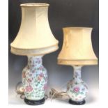 Two Chinese famille rose lamps one of bottleneck form, tallest 49cm high (not including fitting)