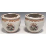 A pair of Chinese armorial small pots decorated with goldfish to the interior, 20th century, 13.