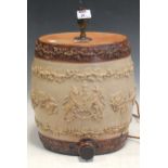 A salt-glazed spirit barrel, sprigged with the royal coat of arms (now converted to a lamp), 41cm