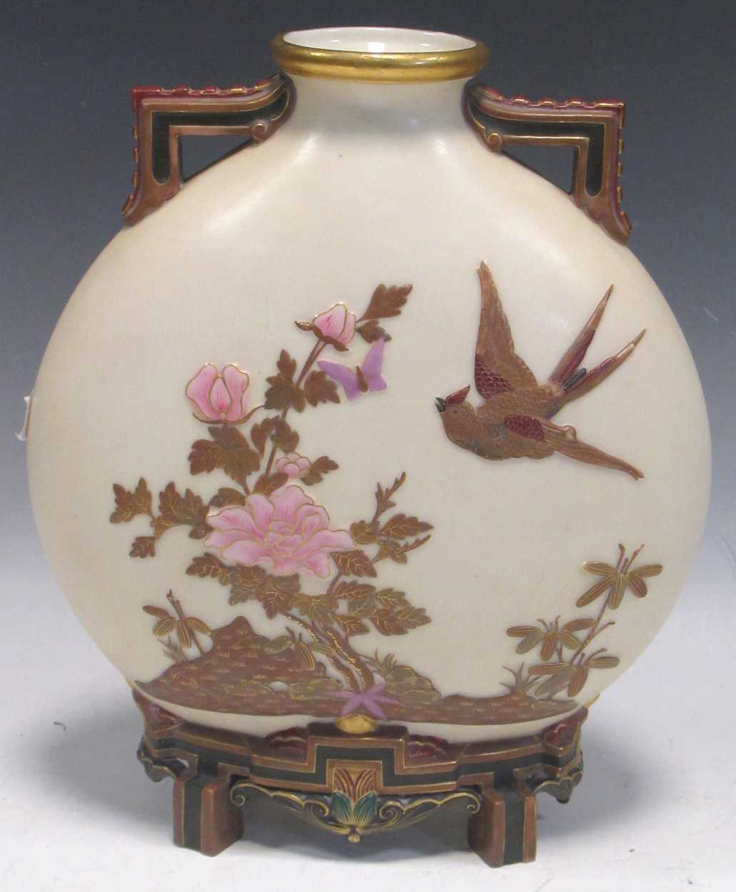 A Victorian Royal Worcester aesthetic style 'Japanese' moonflask, 27cm highSome rubbing to the