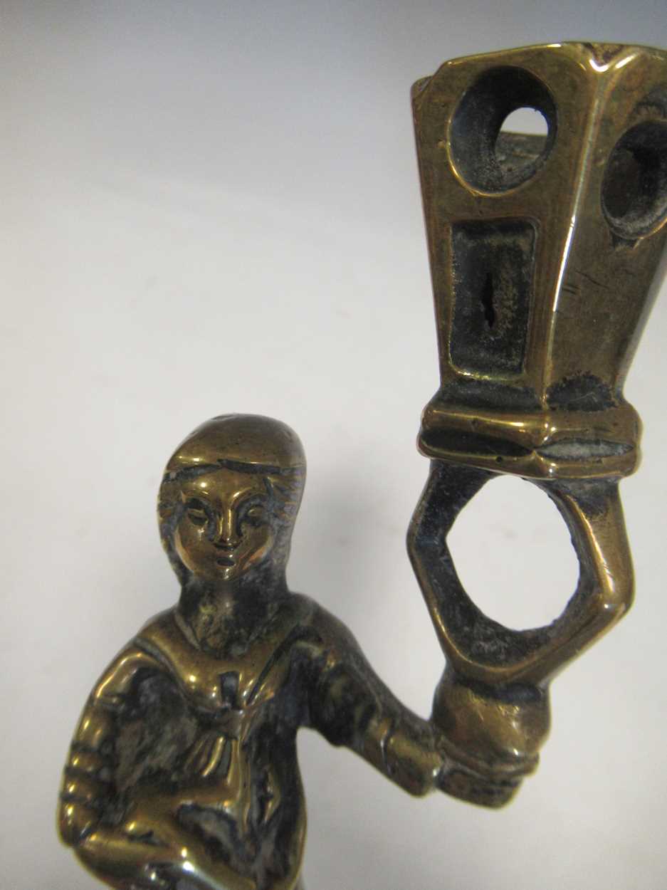 A pair of brass figural candlesticks, a brass bust of Pope Pius IX,20cm high, and a brass inkwell ( - Image 4 of 5