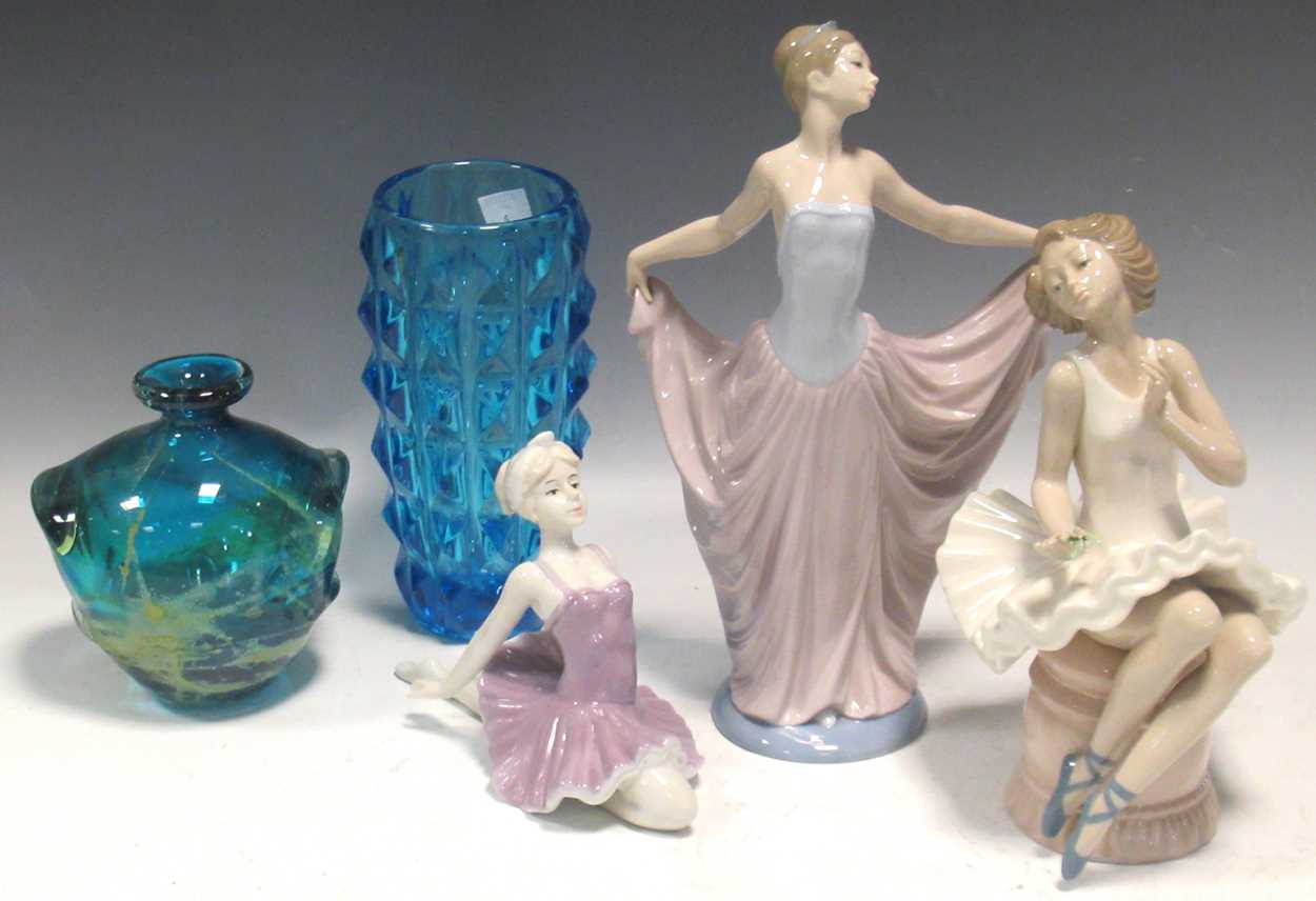 Lladro and Nadal dancer figurines, another smaller (unmarked), Mdina glass vase, Whitefriars style