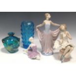 Lladro and Nadal dancer figurines, another smaller (unmarked), Mdina glass vase, Whitefriars style