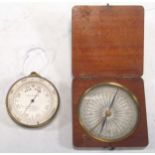 A lacquered brass pocket barometer by Callaghan, London, inscribed to verso, and a square mahogany