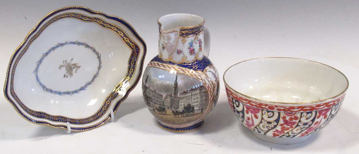 A Worcester Queen Charlotte pattern slop bowl; a Derby lozenge shape stand, circa 1795 and a Chelsea