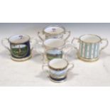 Five Country Work Studio loving cups painted by John McLaughlin, one painted with a view of