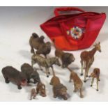 A collection of model figures of animals including Elastolin lioness, similar moulded hippo, 2
