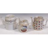 Three early 19th century Paris porcleain teapots and covers, one painted with still life of