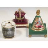 A Chamberlain's Worcester inkwell, painted with Waterloo Church, 6cm high; a Chamberlain's