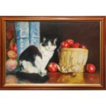 Painting of a Cat next to a bowl of Fruit