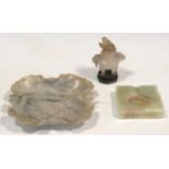 A jade two-handled koro, an onyx ashtray and a stoneware leaf shaped dish (3)All with natural