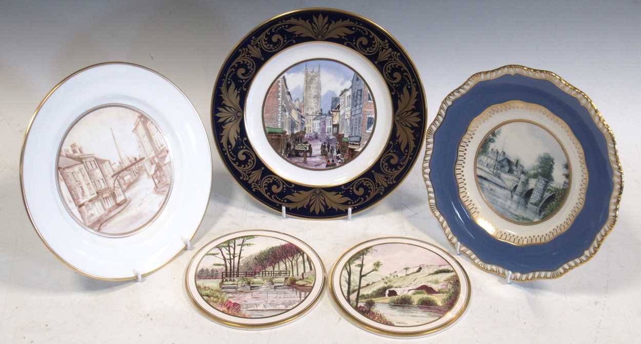 John Mclaughlin for The Country Work Studio, Derby, three plates painted with views of Derbyshire,