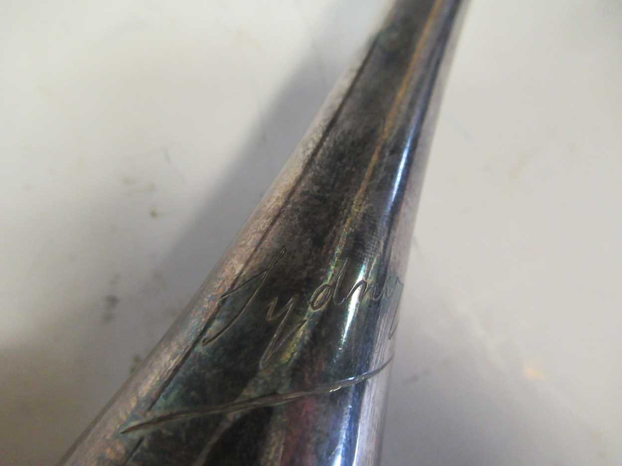 A copper and brass hunting horn in a fitted leather carrying case, a very small bugel, together with - Image 3 of 5