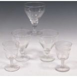Three Regency glass rummers and two 18th century style glasses with air twist stems, the bowls