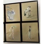 Late Victorian women's fashion, 6 small caricature watercolours with white heightening of women in