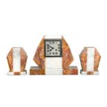 An Art Deco marble clock garniture,