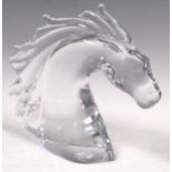 A modern Daum glass horse's head, 24cm highSome minor markings on the exterior with residue from