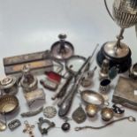 A collection of silver including cruets, cigarette box, magnifying glass, trophy, etc., together