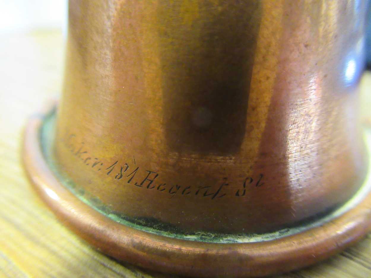 A copper and brass hunting horn in a fitted leather carrying case, a very small bugel, together with - Image 4 of 5