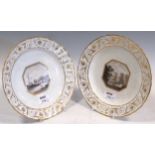 A pair of Derby plates, circa 1795, painted with named canted square panels, View of the River Uok