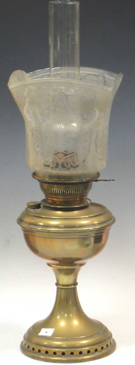 A Victorian brass gas light with chimney and shade, 59cm high