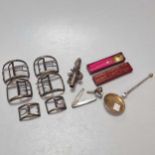 3 pairs of 19th century silver buckles, a baby's teething rattle (A/F), an anointing spoon, a