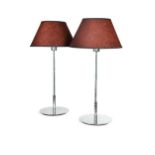 A pair of contemporary chrome table lamps with handmade silk shades,