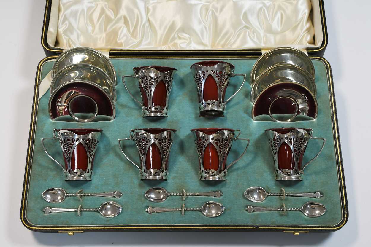 An Art Nouveau silver mounted Royal Doulton coffee service, - Image 4 of 13