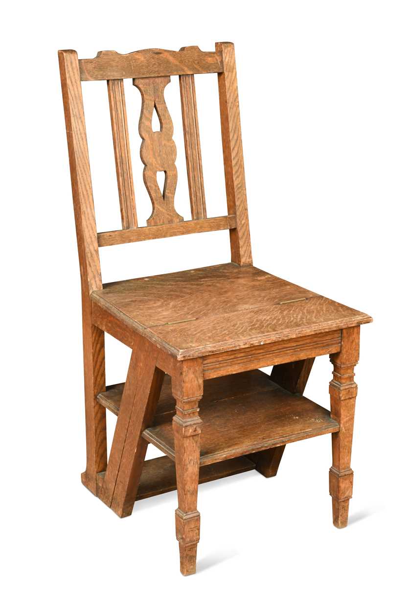 An oak metamorphic library chair, late 19th century,