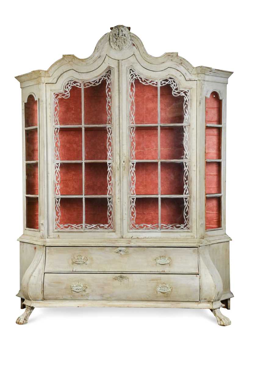 A Dutch grey painted glazed top bookcase, 19th century,