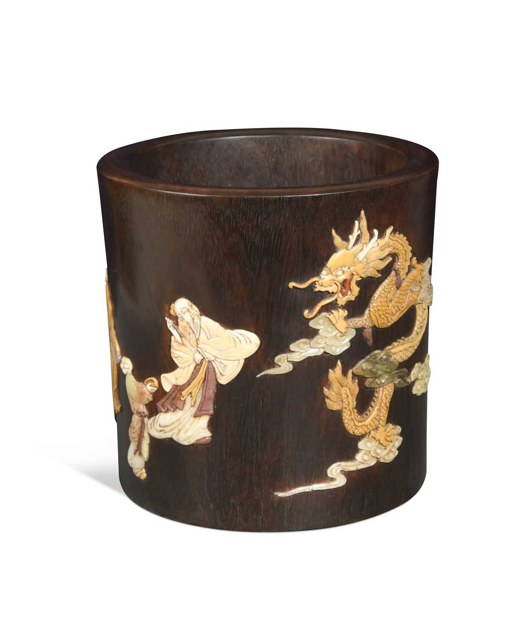 A Chinese zitan-type stone inlaid brush pot, in 17th century style,