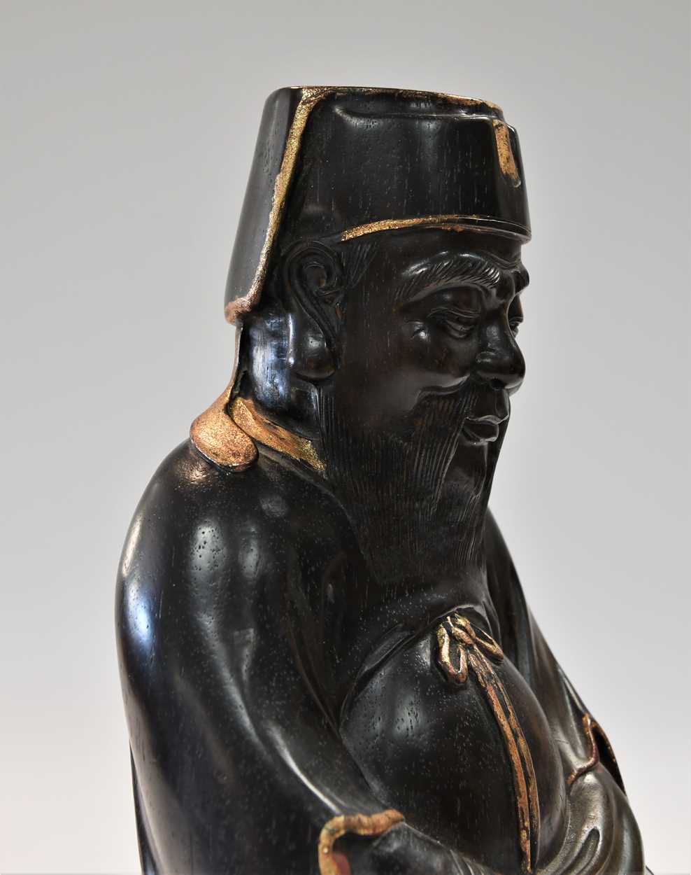A Chinese carved zitan-type wood and parcel gilt seated figure of an official, 20th century, - Image 5 of 9