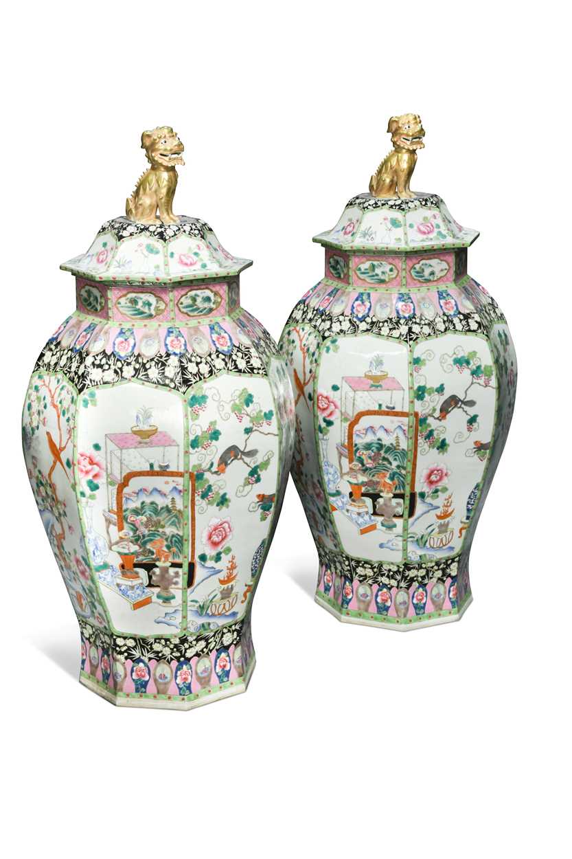 A large pair of Chinese porcelain famille rose octagonal vases and covers,