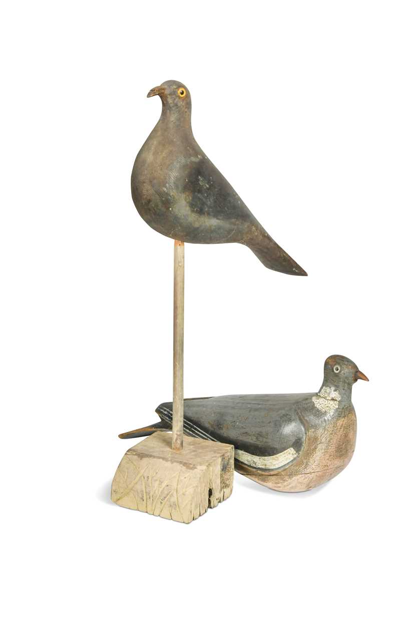 Four painted wood decoy wood pigeons, late 19th/early 20th century,